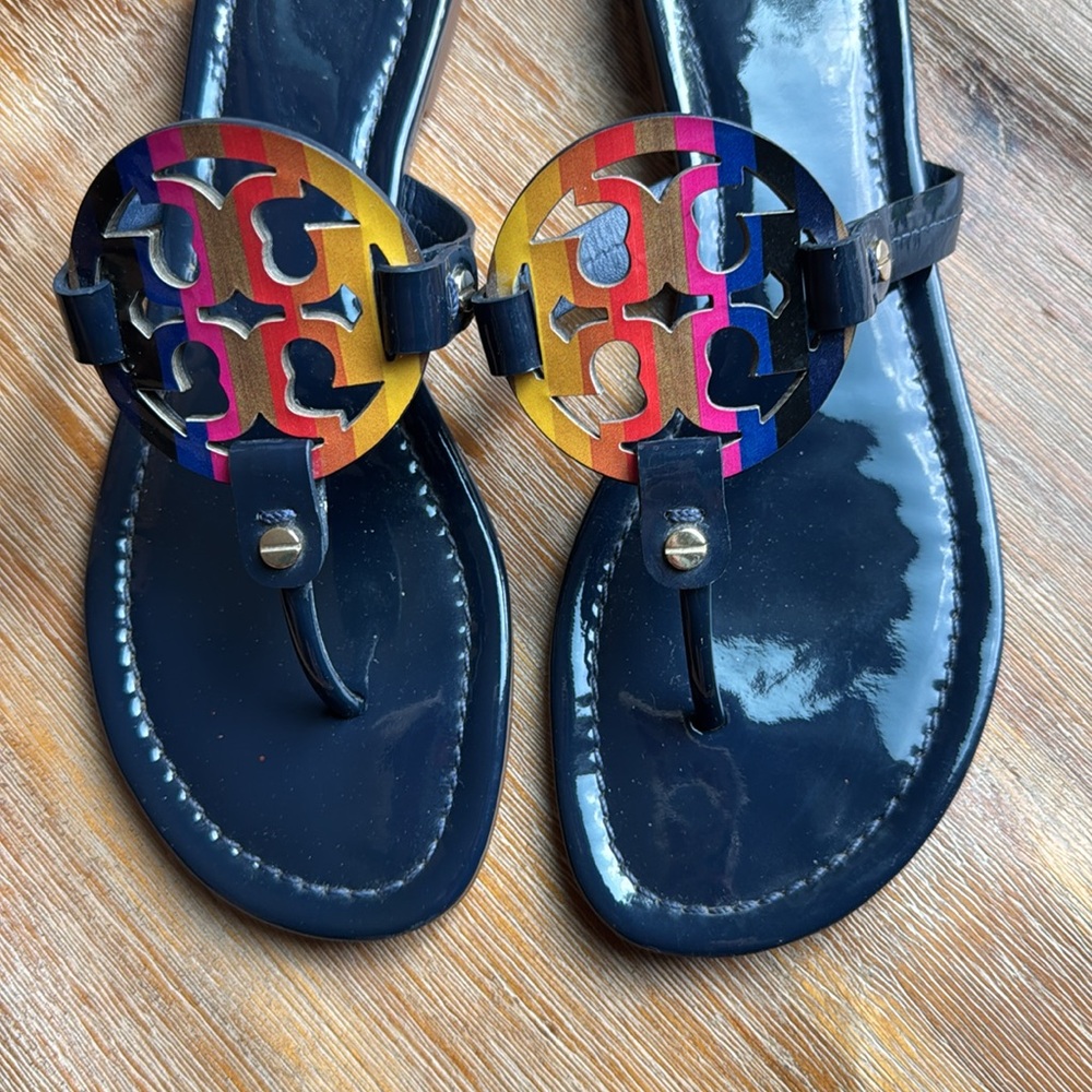 Tory Burch Navy Miller Sandals Multicolor Logo Size 8.5 - Picture 13 of 13